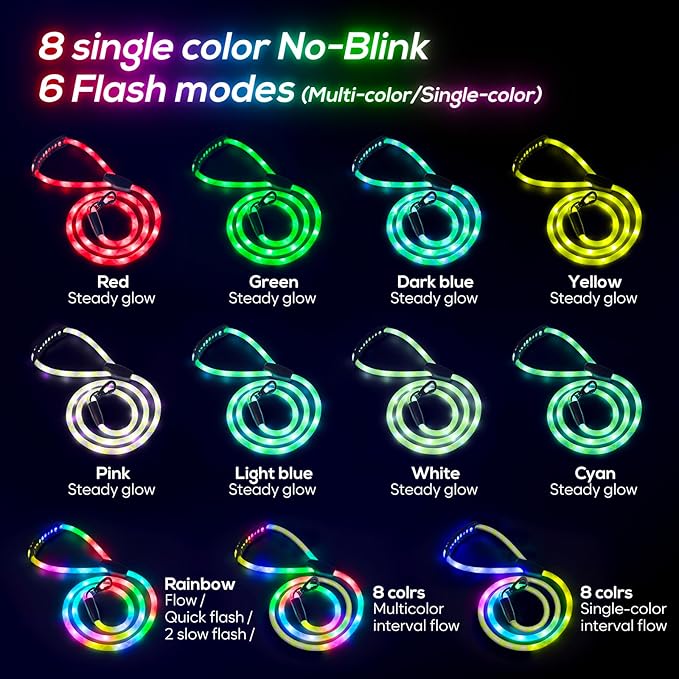 Colaseeme Light Up Dog Leash, LED Pet Leashes USB Rechargeable, Glow Safety Dogs Lights at Night (5FT,Multi-Color)
