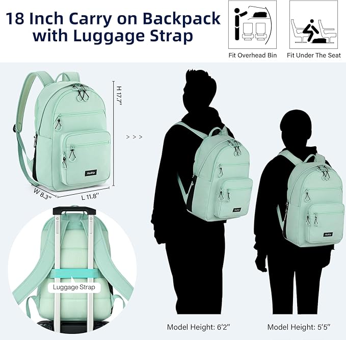 Carry On Travel Backpack For Women, 18 Inch Water Resistant Large Backpack Lightweight Bookbag For Men, 8x14x18 Personal Item Bag Casual Daypack Backpacks For Work Office Commuter (Cyan)