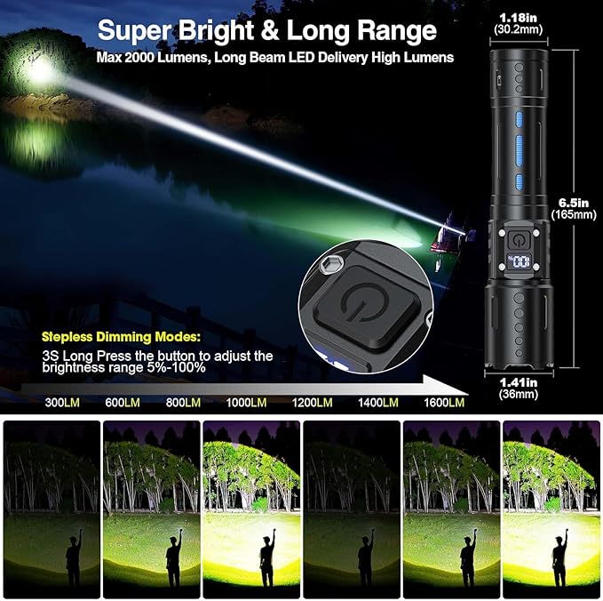 Hoxida Rechargeable LED Flashlights High Lumens, 2000LM Super Bright Flashlight with Memory Function & Stepless Dimming, 5 Modes Powerful Waterproof Handheld Flashlight for Camping Emergencies