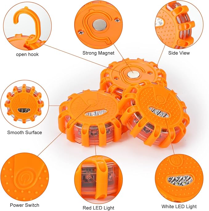 Tallew 12 Pack LED Road Emergency Roadside Lights Flashing Safety Warning Kit Beacon Magnet Hook Vehicle Boat Truck Disc Magnetic Flash Cars Security Driveway Automotive Strobe