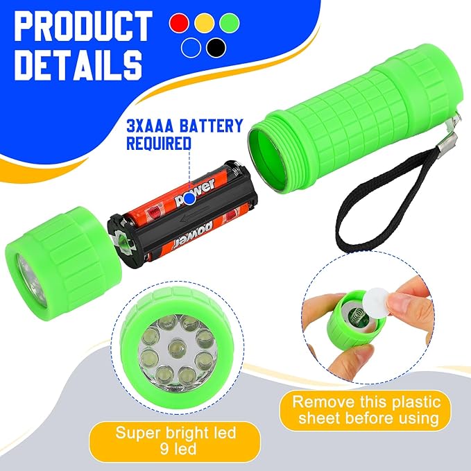 90 Pcs Mini Flashlight 9 LED Handheld Torch Bulk Kids Flashlight Plastic Handheld Flashlights with Lanyard Camping Necessities for Home School Night Emergency, 270 Pcs AAA Batteries Included