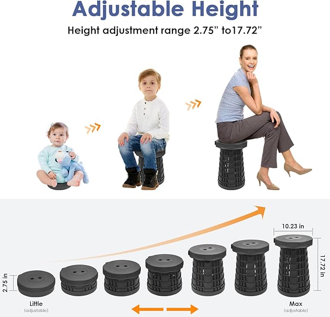 Upgraded Collapsible Stool, Portable Folding Stool, Lightweight Telescoping Retractable Stool with Max Load Capacity 600lbs, Foldable Seat Stools for Outdoor Camping Fishing Hiking Travel BBQ