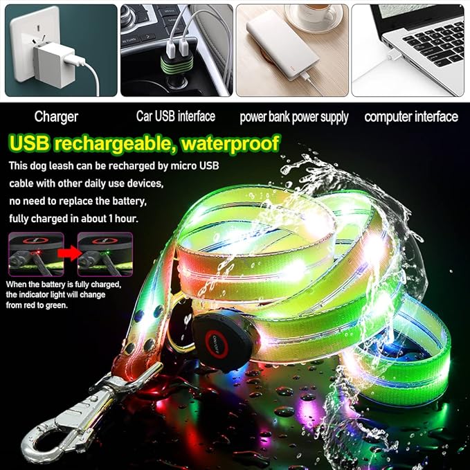LED Waterproof Pet Dog Leash USB Rechargeable Fashionable Color Glow in The Dark Night Walk Safety Dog Leash for Medium to Large Dogs