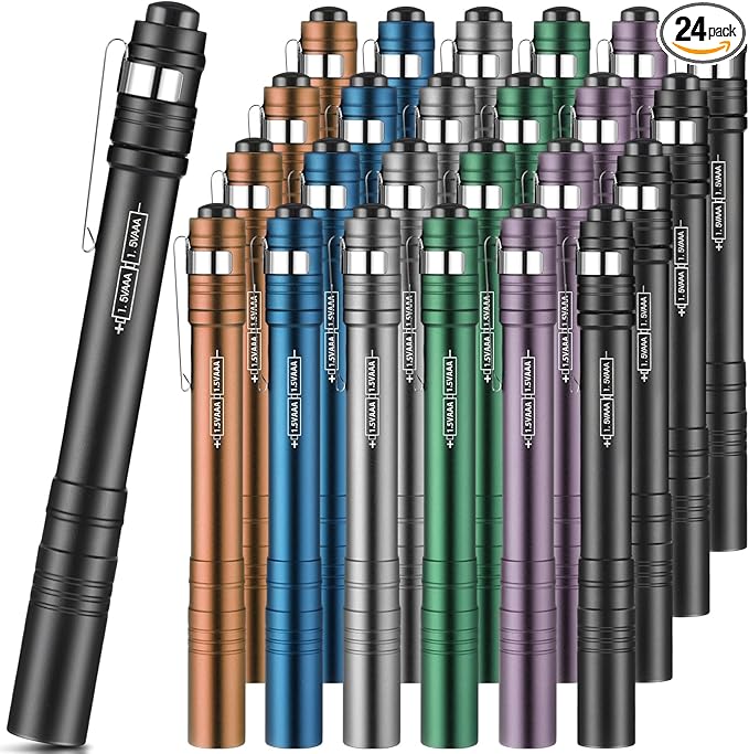 24 Pack Mini Pen Flashlights Bulk LED Pen Lights Aluminum Pocket Flashlights with Clips Small Handheld Torches Gifts for Camping Hiking Emergency Outdoor (Colorful)