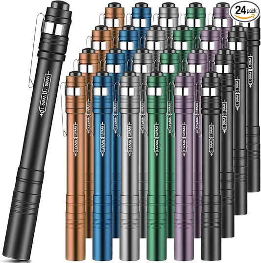 24 Pack Mini Pen Flashlights Bulk LED Pen Lights Aluminum Pocket Flashlights with Clips Small Handheld Torches Gifts for Camping Hiking Emergency Outdoor (Colorful)