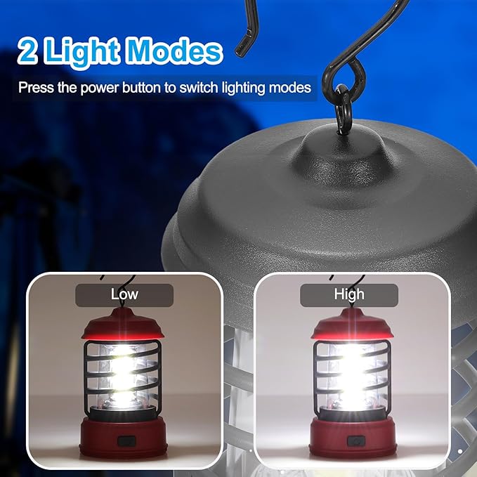 PATIKIL LED Camping Lantern, 2 Pack Vintage Lantern 2 Light Modes Portable Battery Powered Hanging Outdoor Tent Light for Camping, Hiking, Fishing, Black 5.91 Inch