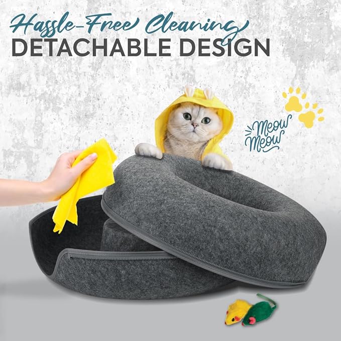 Laluz 2021 Large Cat Tunnel Bed for Indoor Cats Up to 30 Lbs Peekaboo Donut Cave with Catnip and Plush Toys Scratch Resistant Felt Design Detachable and Washable Cat Tunnel (Dark Grey, L)
