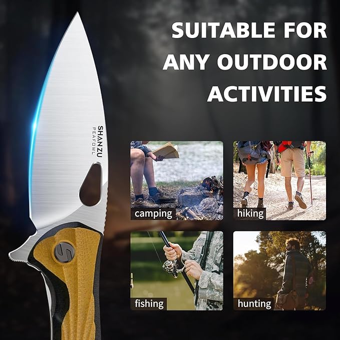 SHAN ZU Pocket Knife 3.2 in, Powder Steel Blade EDC Folding Knife for Men & Women, Utility Survival Knife with G10 Handle & Pocket Clip for Camping Fishing Hiking Hunting - Tan