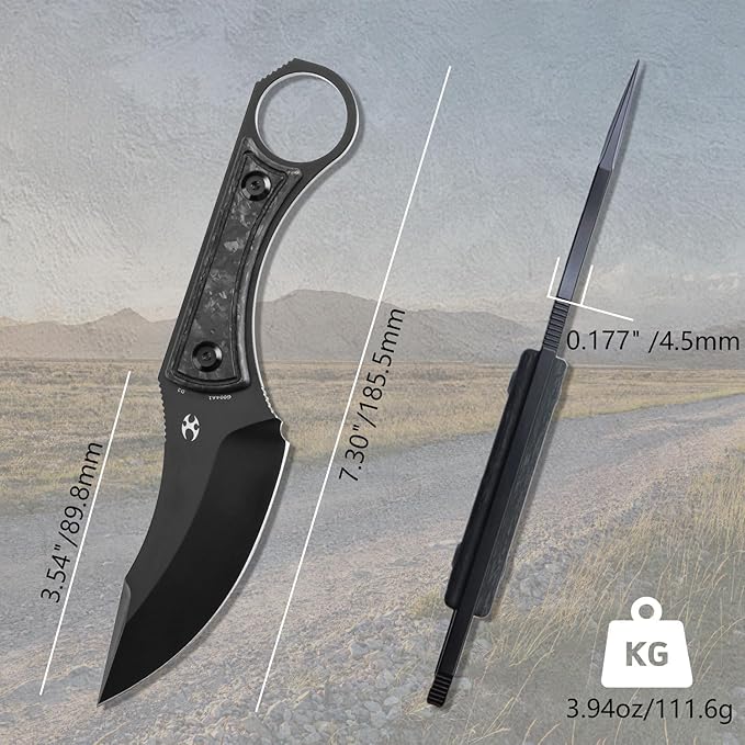 KANSEPT Niko Fixed blade Knife with Sheath, 3.54'' Black TiCn Coated D2 Blade and Carbon Fiber with Frag Pattern Handle, Adjustable Kydex Sheath for EDC, Fixed Knifes for Camping Hiking Fishing G004A1