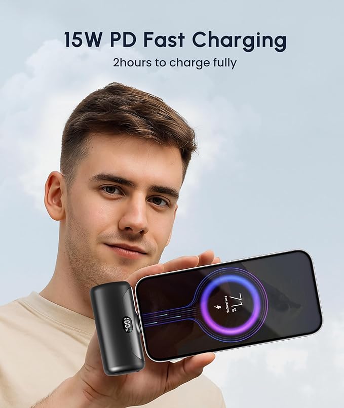 Small Portable Charger Power Bank USB C for iPhone 15 Pro Max, 5000mah Compact Battery Charger with Digital Display,Metal Stand,LED Light, 15W PD Fast Charging for Samsung Galaxy Series-Black