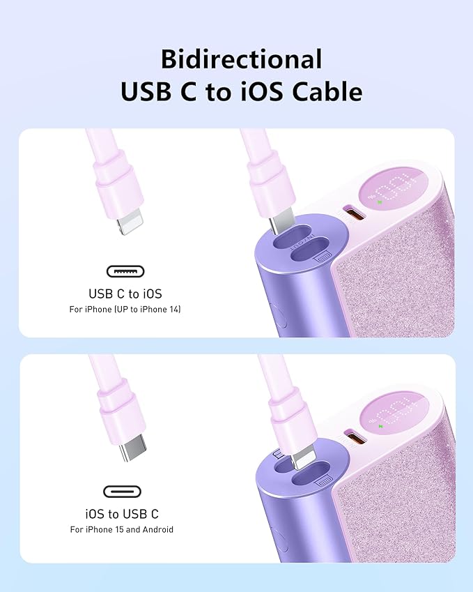 VEGER Compact Portable Charger with Built in Cable(Removable), 10000mAh Cute Power Bank 20W Fast Charging, Sparkling Battery Pack Fashion Travel Accessory Compatible with iPhone 15/14, Android-Purple