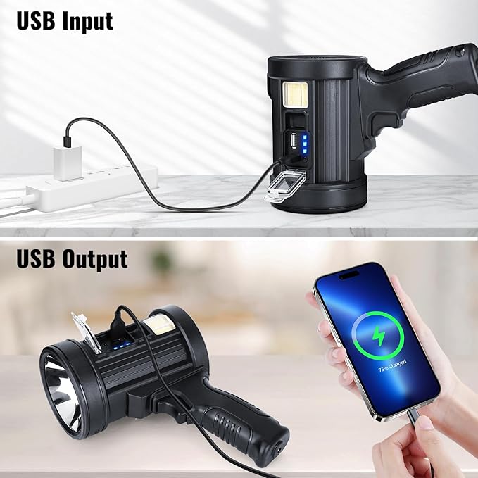 Rechargeable Spotlight Flashlight, 99,000 Lumens Spot Light Handheld Spot Lights, LED Spotlights with COB Light,Super Bright Hand Held Spotlight for Boat