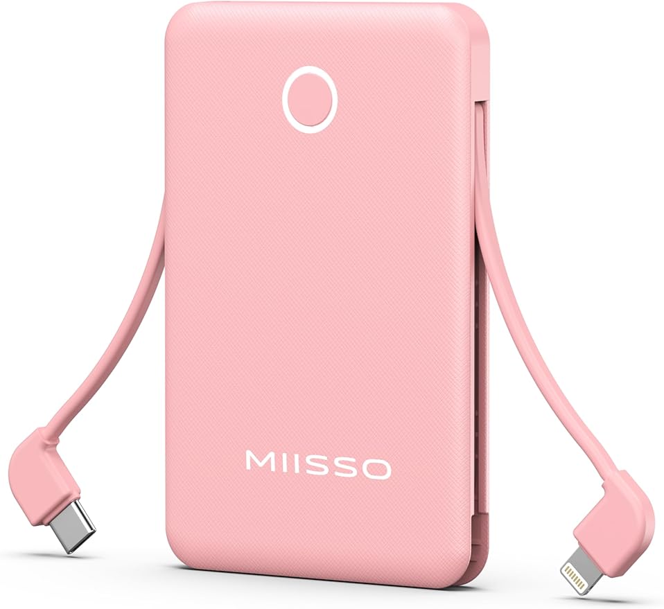 6000mah Ultra Slim Built in Cables Power Bank, Card Size Built in USB C Cords Battery Pack Portable Charger for Phones, 3 Output External Battery Pack Compatible with iPhone, Samsung, Deep Pink
