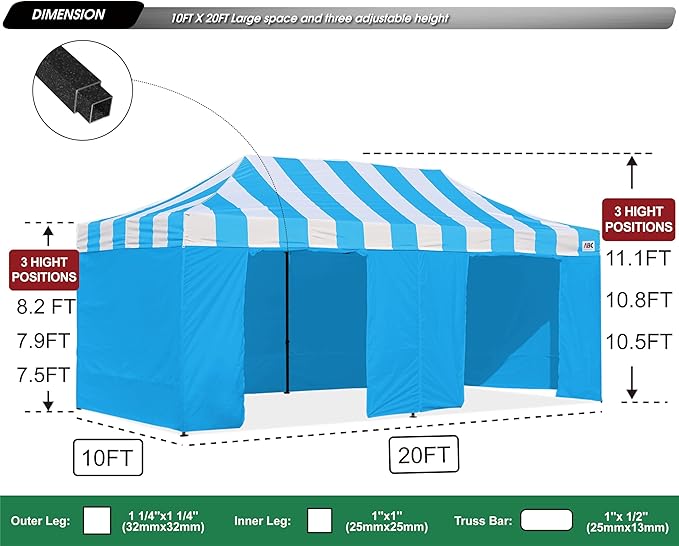 ABCCANOPY Heavy Duty Easy Pop up Canopy Tent with Sidewalls 10x20,Strip SkyBlue