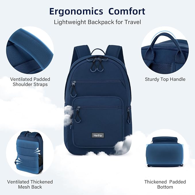 Carry On Travel Backpack For Women, 18 Inch Water Resistant Large Backpack Lightweight Bookbag For Men, 8x14x18 Personal Item Bag Casual Daypack Backpacks For Work Office Commuter (Navy Blue)