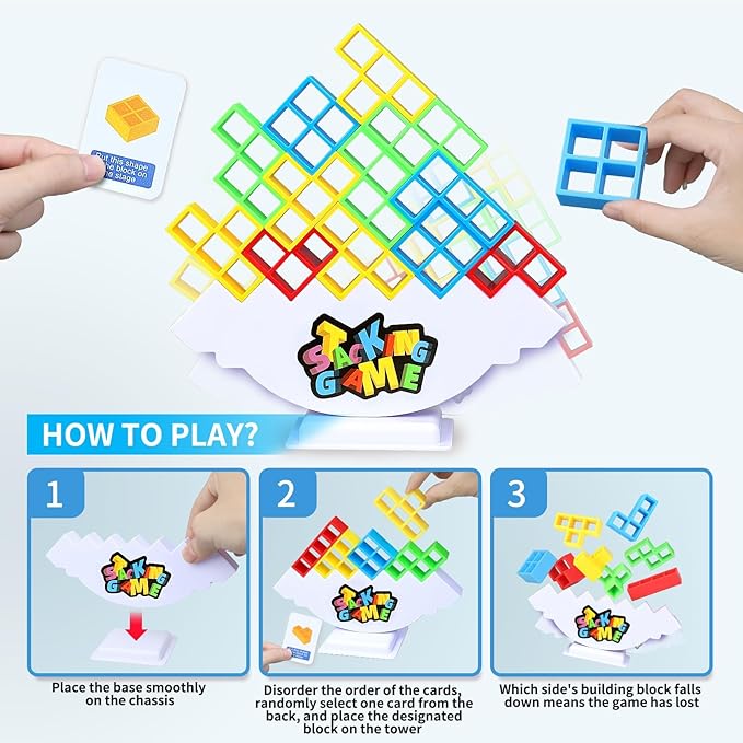 48PCS Stack Game for Adult & Kids, Tetra Board Tower Games for Family Travel Party, 2 Players Balance Stacking Toy Attack, Team Toys Building Block