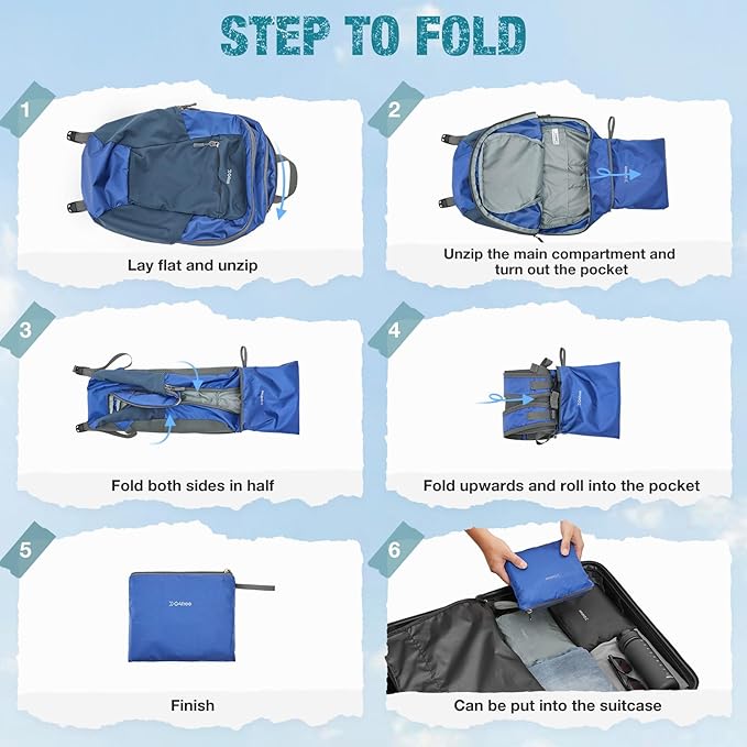 G4Free Packable Hiking Backpack 20L Lightweight Foldable Travel Daypack with Thickened Back Panel for Men Women(Blue)
