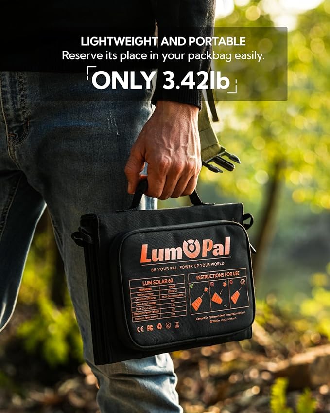 Portable Solar Panel, LUMOPAL 60W Foldable Solar Panels Folding Solar Charger with PD60W USB C QC3.0 USB A Output Waterproof for Camping Backpacking Compatible with Phone Laptop Portable Power Station