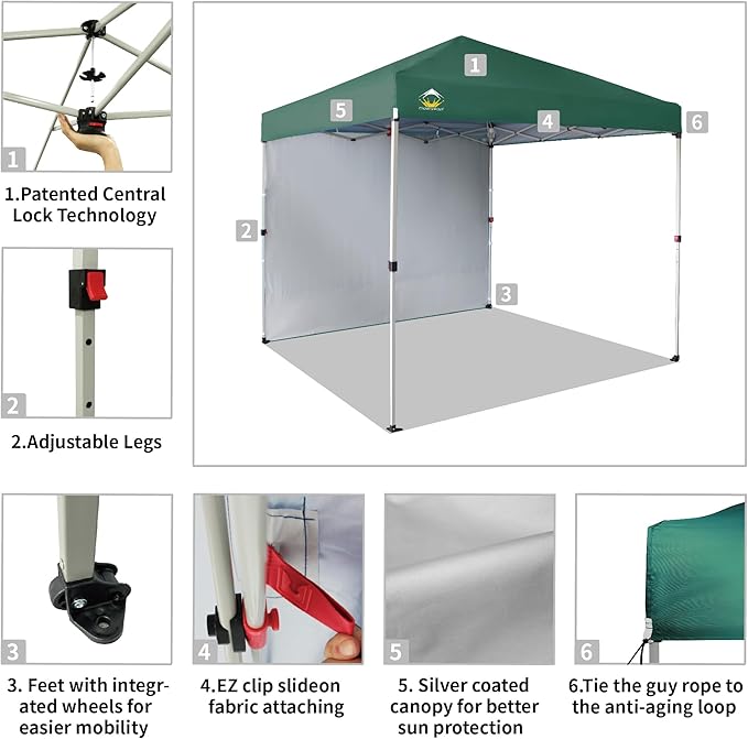 CROWN SHADES 8x8 Pop up Canopy Instant Canopy with 1 Removable Sidewall,4 Ropes & 8 Stakes, STO'N and Go Bag, Forest Green