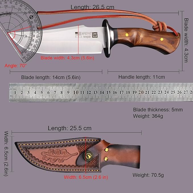 (USA 440C steel 10.5-inch hunting straight knife + leather sheath,suitable for outdoor travel, camping, survival, fishing, and Gifts for Men's and Women's Festivals