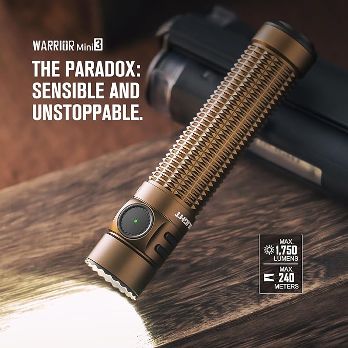 OLIGHT Warrior Mini3 1750 Lumens Rechargeable Tactical Flashlight with Dual Switch and Proximity Sensor, LED Light for EDC, Outdoor, Camping and Emergency (Desert Tan)