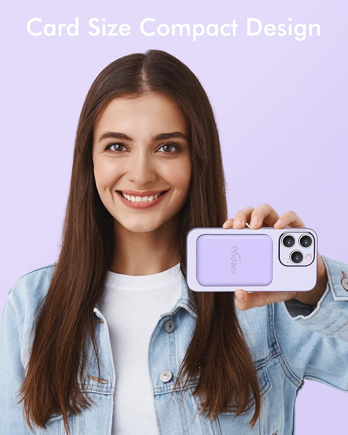 podoru for Magsafe Battery Pack, 5000mAh Magnetic Power Bank with Type-C Cable 20W PD Fast Charging Lighting Input Wireless Portable Charger for iPhone iPhone 17/16/15/14/13/12/ All Series-Purple