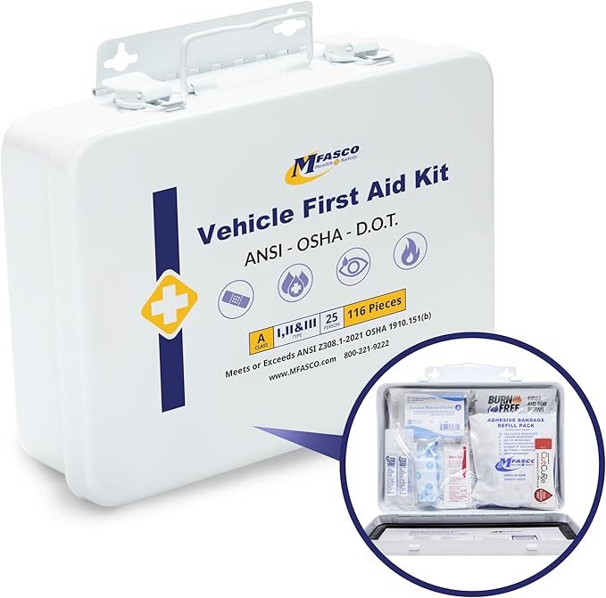MFASCO Vehicle First Aid Kit - DOT/ANSI/OSHA Compliant - Metal - Portable & Mountable - Waterproof - First Aid Kits for Businesses, Construction, Commercial Vehicles, Workplaces - 115 Pcs