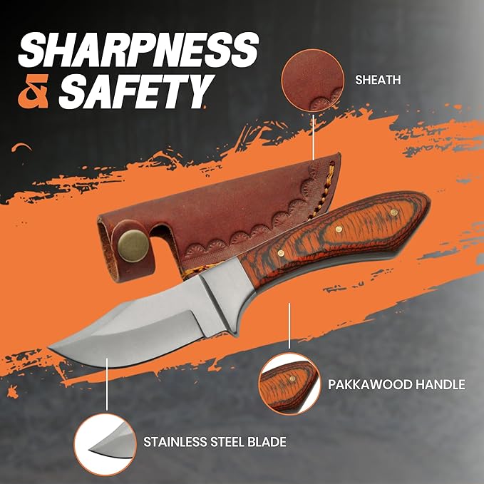 Szco Supplies 7.25??Fixed Blade Hunting Knife for Men ??Small Drop-Point Skinning Knife with Pakkawood Handle and Leather Sheath ??Stainless Steel Hunting Knives for Outdoor, Camping, and Gift Use