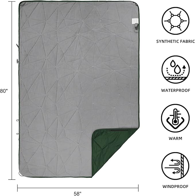 Outdoor Waterproof Blanket, Foldable Fleece Stadium Blanket for Outdoor Sports Event, Camping, Car, Pet, Picnics - Windproof, Wearable, Machine Washable 80" x 58" (Green,Hooded)