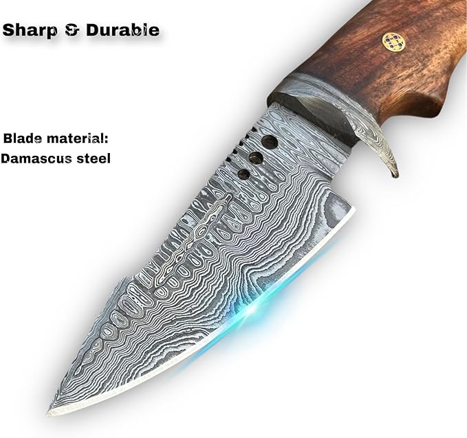 BUSHCRAFTS Custom Handmade Fixed Blade Damascus Steel Hunting Knife with Leather Sheath - 10 inch Skinning Survival Outdoor Camping Knives for Men with Horizontal and Vertical Carry