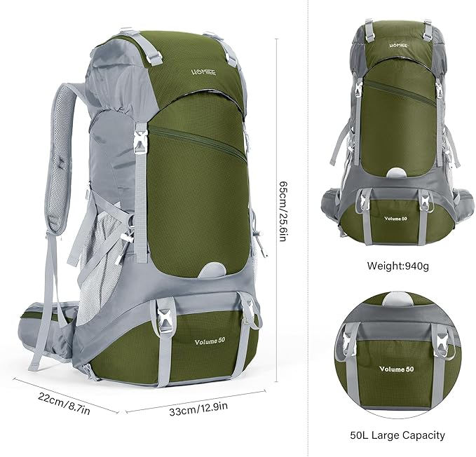 HOMIEE 50L Hiking Backpack Travel Bag Waterproof Camping Rucksack with Rain Cover Lightweight Backpacking Backpack