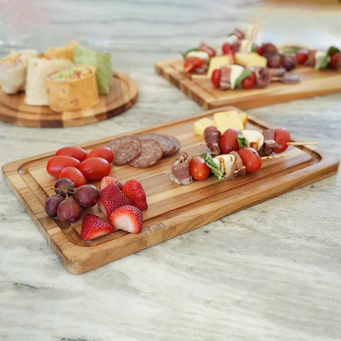 EcoDecors, Teak Cutting Board 14"x10", Reversible Teak Wood Edge Grain Carving Board with Juice Groove, FSC Certified Compact Wooden Cutting Board for Kitchen, Meal Prep & Serving