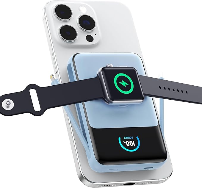 Magnetic Portable Charger 10800mAh with Built-in Cables,5-in-1 Qi2 Certified 15W Wireless Power Bank with iWatch Charger,30W PD Fast Charging USB-C Battery Pack for iPhone 17/16/15/14/13/12-Light Blue