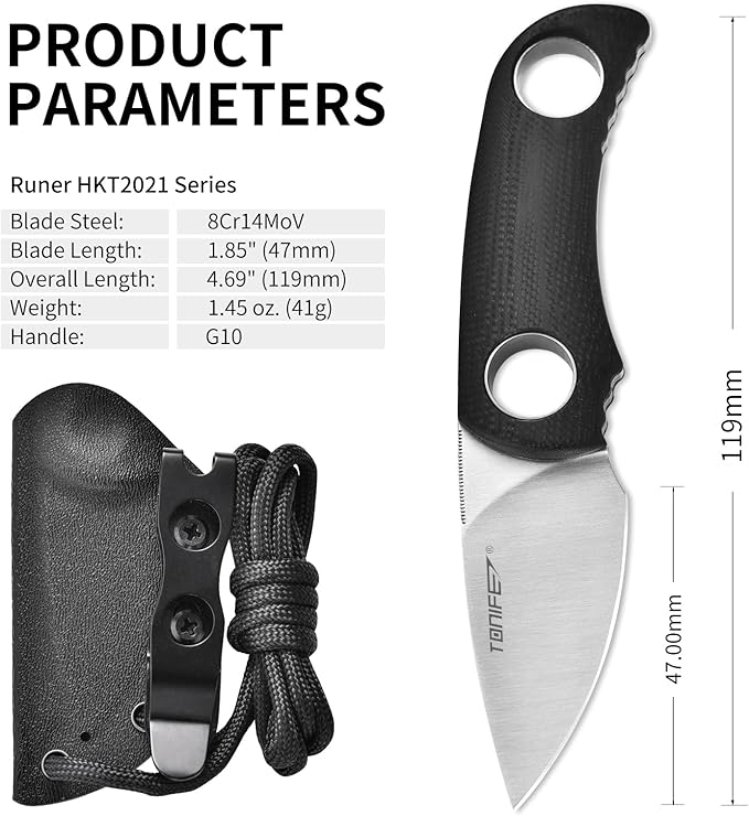 TONIFE Fixed Blade Knife 4.8cm, Mini Neck Knife with Kydex Sheath and Cord, EDC Portable Fixed Knife for Outdoor Survival