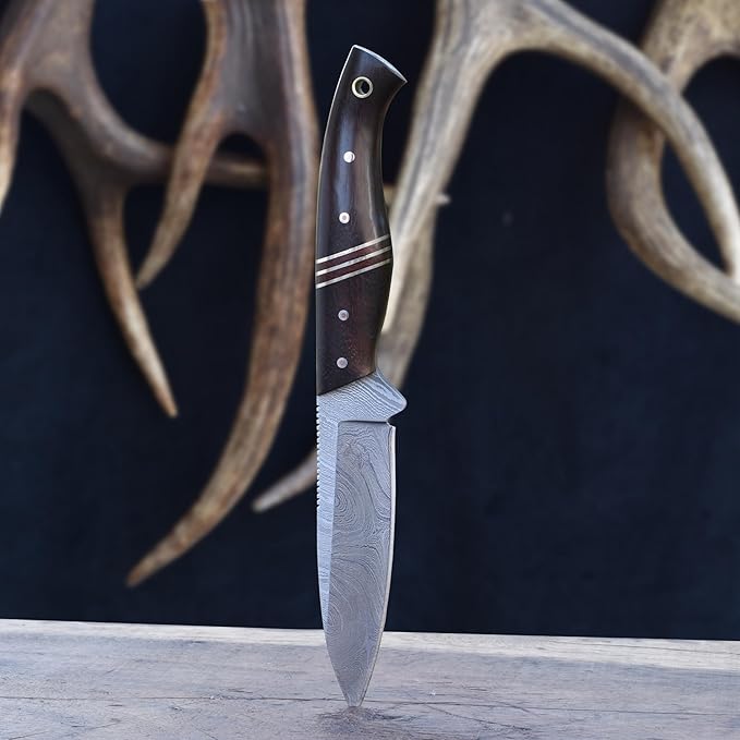 Knives Ranch Premium Hunting Knife - Handmade - 3/16" Full Tang Damascus Blade - Excellent Edge Retention - Rosewood Handle - Heavy-Duty Leather Sheath (3197-IRW)