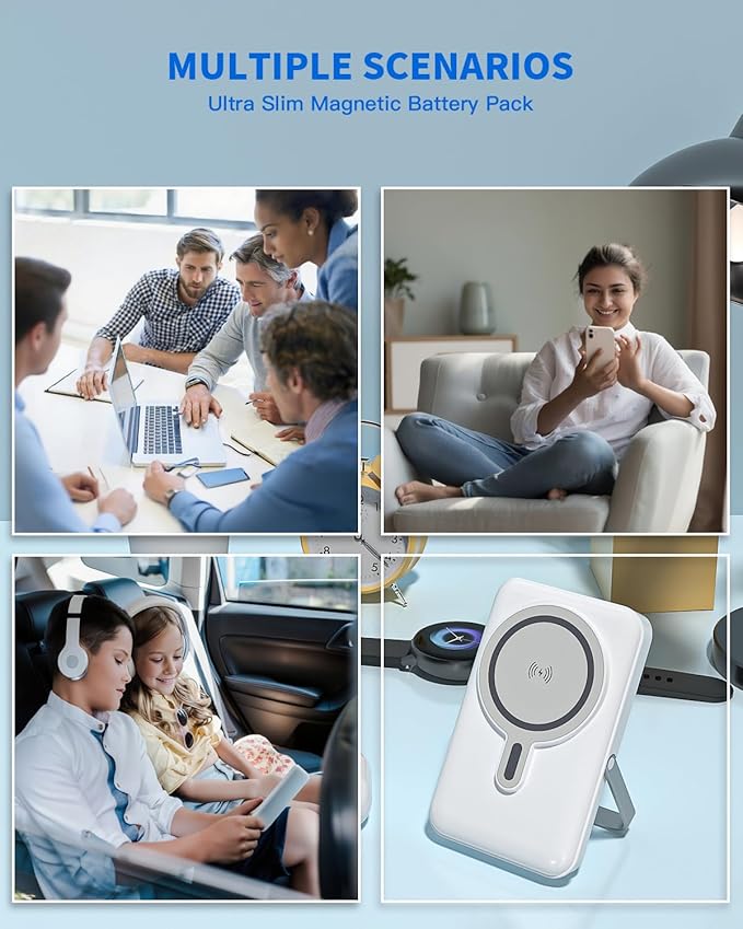 Magnetic Portable Charger, 10000mAh Multi-port Wireless Power Bank, 22.5W Mag Safe Battery Pack, Stand Portable Charger Built in Cables Compatible with iPhone 17/17 Air/17Pro/16/15/14/13,Samsung White