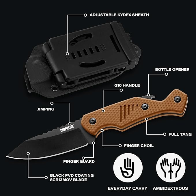 Fixed Blade Knife with Kydex Sheath and Bottle Opener, 3.2" 8Cr13Mov Blade Full Tang EDC Knife with Ergonomic G10 Handle, Small Horizontal & Scount Carry Knives for Survival Camping Hunting Outdoor Activities