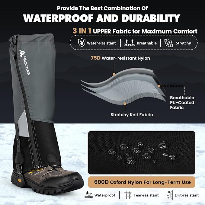 Hikenture Hiking Gaiters with Upgraded Zipper, Gaiters for Hiking Waterproof, Lightweight Leg Shoe Gaiters for Men Women