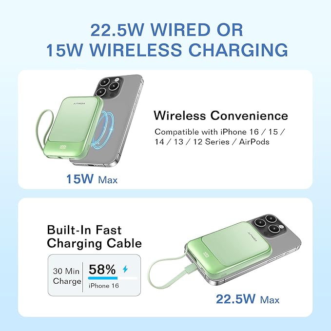 Magnetic Power Bank 10000mAh, Wireless Portable Charger with 15W Max Fast Charging & Built-in USB-C Cable, 22.5W PD LED Display Battery Pack Compatible with iPhone 16/15, Samsung Galaxy(Green)