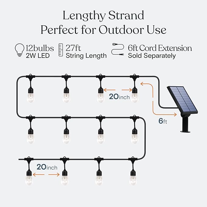 Brightech Ambience Pro Solar Powered Outdoor Patio String Lights - Commercial Grade 27 Ft Waterproof with 12 Edison Bulbs , Shatterproof LED - 2W , Soft White