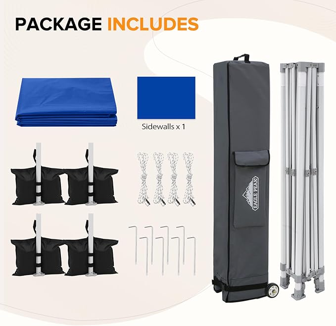 EAGLE PEAK 10x10 Heavy Duty Pop up Commercial Canopy Tent with One Removable Sidewall, Instant Sun Shelter with Roller Bag, 4 Sandbags, Blue