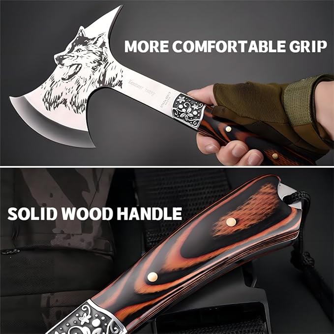 Camping Hatchet with Nylon Sheath,Tomahawk Viking Axe Etched Wolf Head Stainless Steel with Full Tang Wooden Grip,Camping Axe for Outdoor Splitting Wood,Hunting Survival,Farming Activities (Wolf Axe)