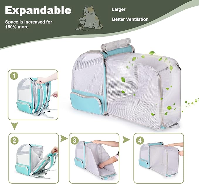 halinfer Cat Backpack Carrier - Expandable Pet Carrier for Medium Cats and Small Puppys Up to 16 Pounds, Collapsible Soft Side Kitten Travel Bag with Cushion Mat for Outdoor Traveling Hiking