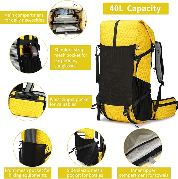 Hiking Backpack,30L +10L Extra Large Capacity Hiking Bag,Internal Frame Camping Backpack,Upgraded X-PAC Lightweight Sport Daypack Travel Backpacks Fit For Mountain Climbing Camping (Yellow)
