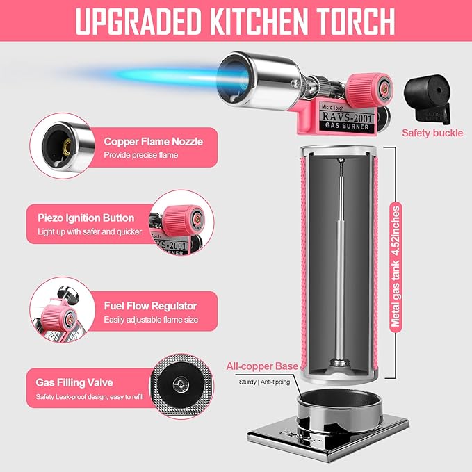 RAVS Refillable Butane Torch Lighter, Ultra Premium Gifts for Men, Kitchen Torch Lighter for Creme Brulee, Cooking Torch Gun with Adjustment Flame, Blow Torch for Cooking (Pink)