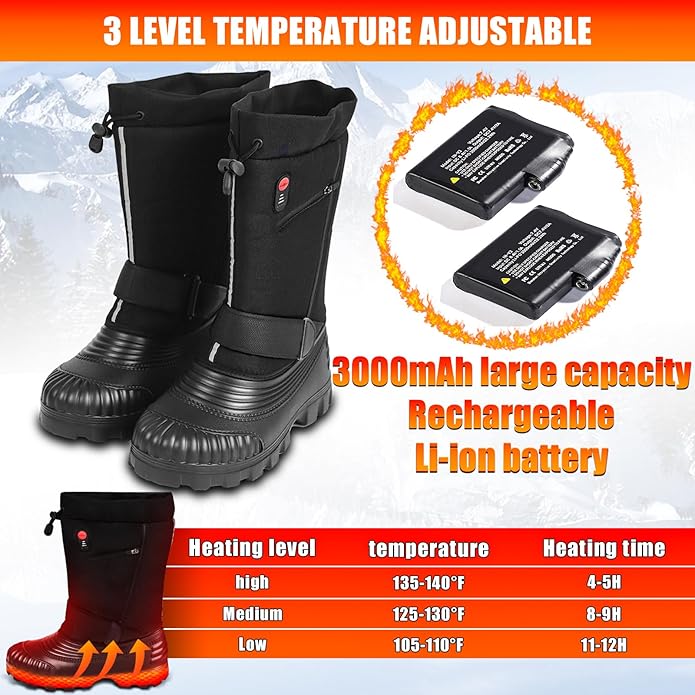Electric Heated Snow Boots, 3 Temperature Settings Heated Shoes with 7.4V 3000mAh*2 Rechargeable Battery, Waterproof Non-Slip Winter Boots for Men Women, Keep Feet Warm Indoor Outdoor