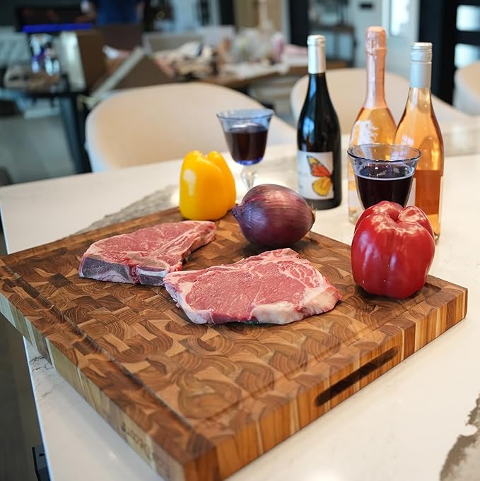 EcoDecors FSC Certified Solid Teak Cutting Board 20x15, Reversible End Grain Wood Board with 3 Charcuterie Trays for Kitchen, Cheese, Meat & Serving