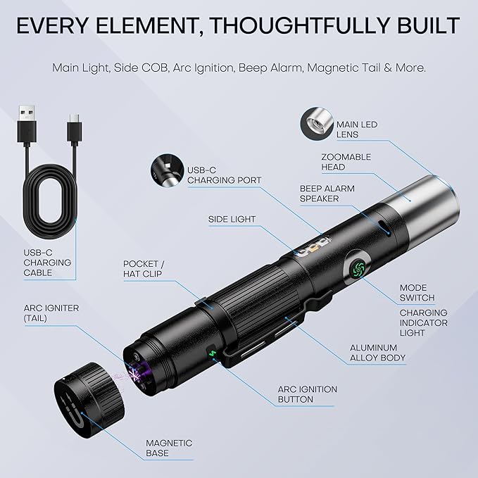 Pen Light Flashlight Rechargeable 600 Lumens,7-Mode Zoomable EDC Led Flashlights with Magnetic Base&Alarm,USB-C Charging Multi-Color Side Small Pocket Work Light with Clip for Working,Home,Emergency