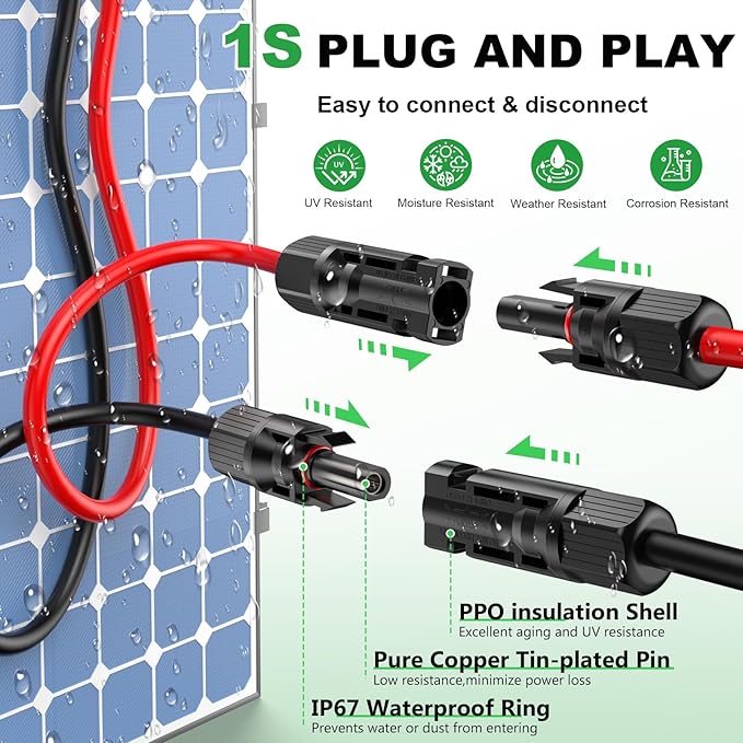 Oududianzi Solar Extension Cable 60Ft, 10AWG Solar Cable, 10 Gauge Tinned Copper PV Wire, Solar Panel Wires and connectors for Home Roofs RV Camping Boats Solar Panels, Set of 2
