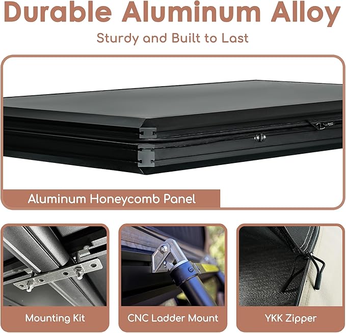 Hardshell Rooftop Tent, Roof Top Tent for 2-3, with Aluminium Ladder, Skyview Window, Mattress, LED Light, Blackout-Coated for UV Protection, Waterproof, for Truck, Jeep, SUV, Van